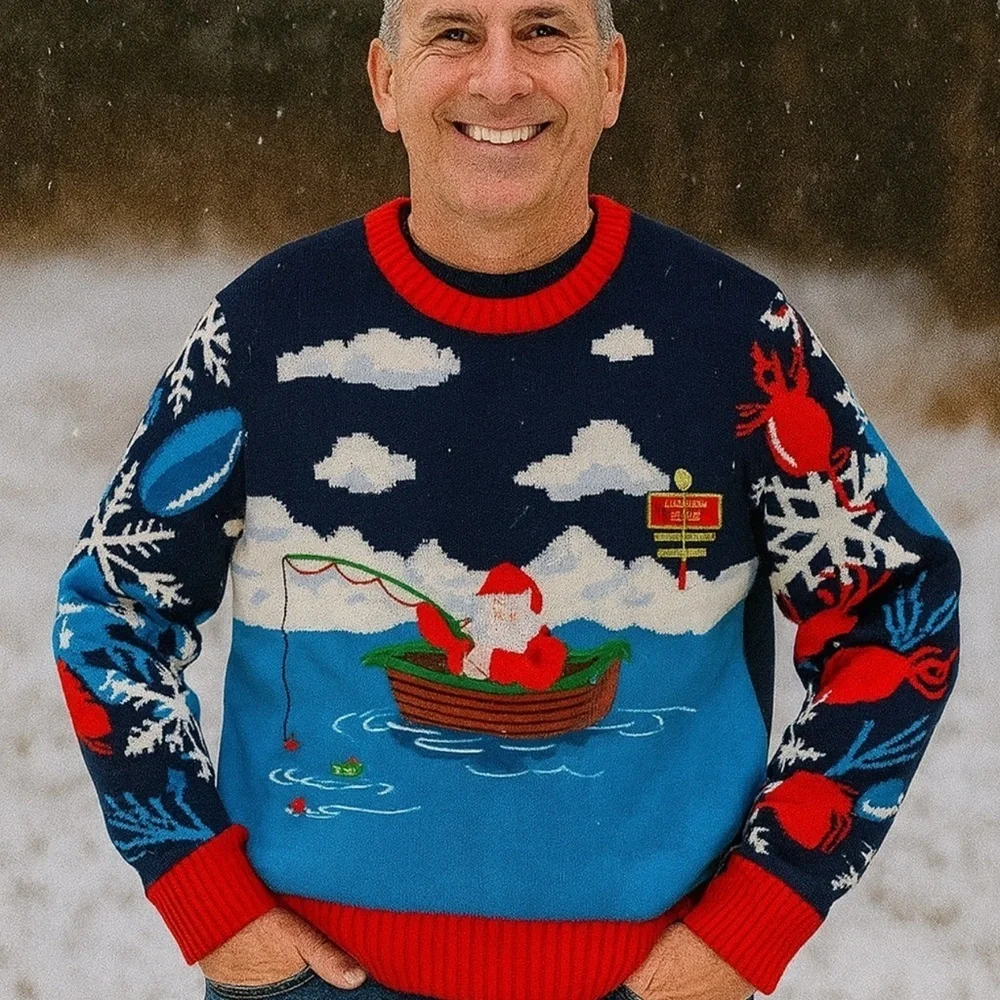 Ugly Christmas Sweater Mens Size Medium Santa Fishing @ North Pole